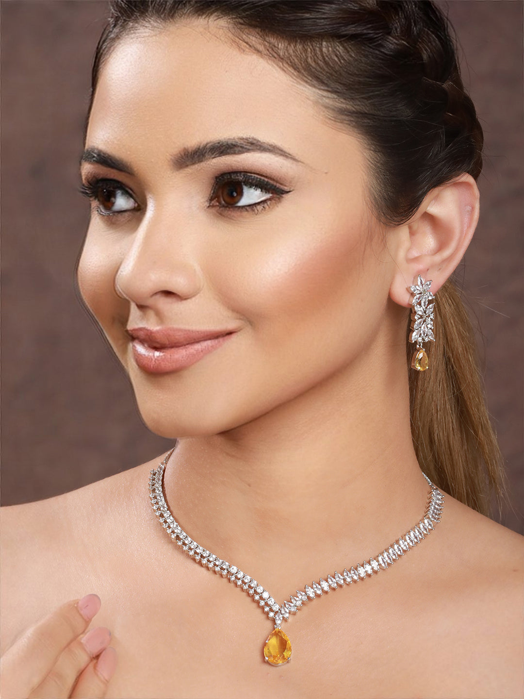 White Rhodium Yellow Topaz Zircon Studded Statement Jewellery Set